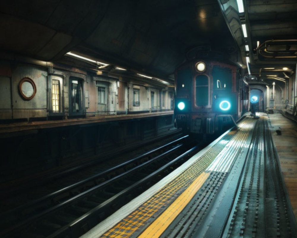 Subway station with approaching train in dim light