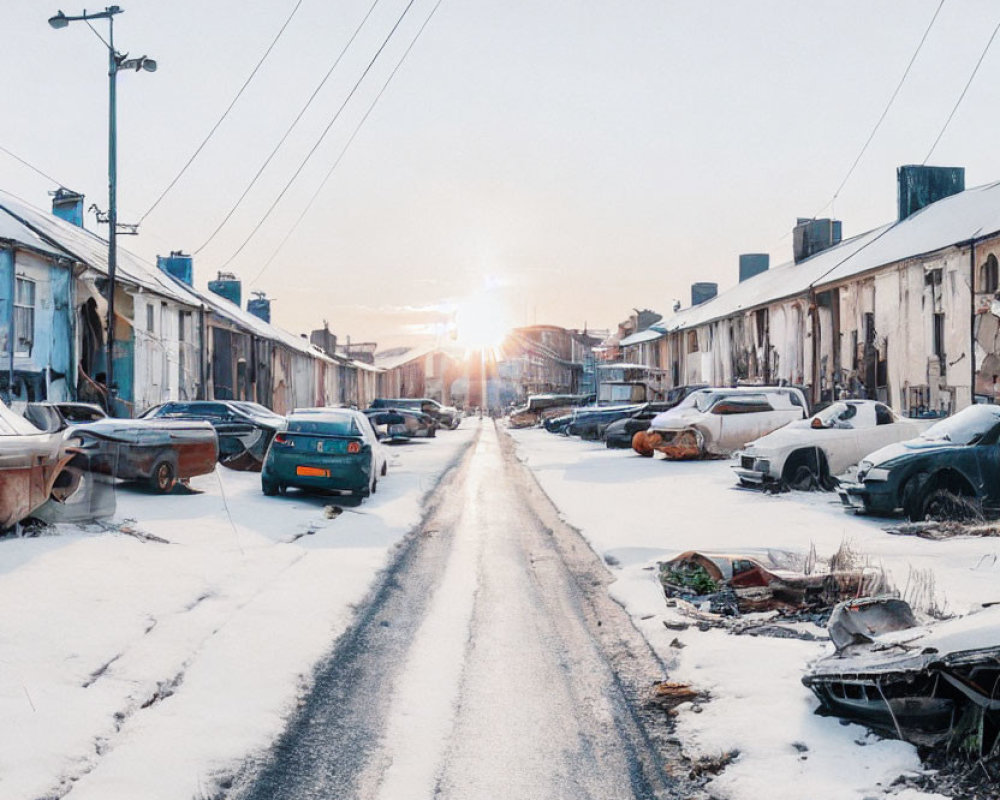 Snowy sunrise scene with parked cars and industrial buildings on a clear day