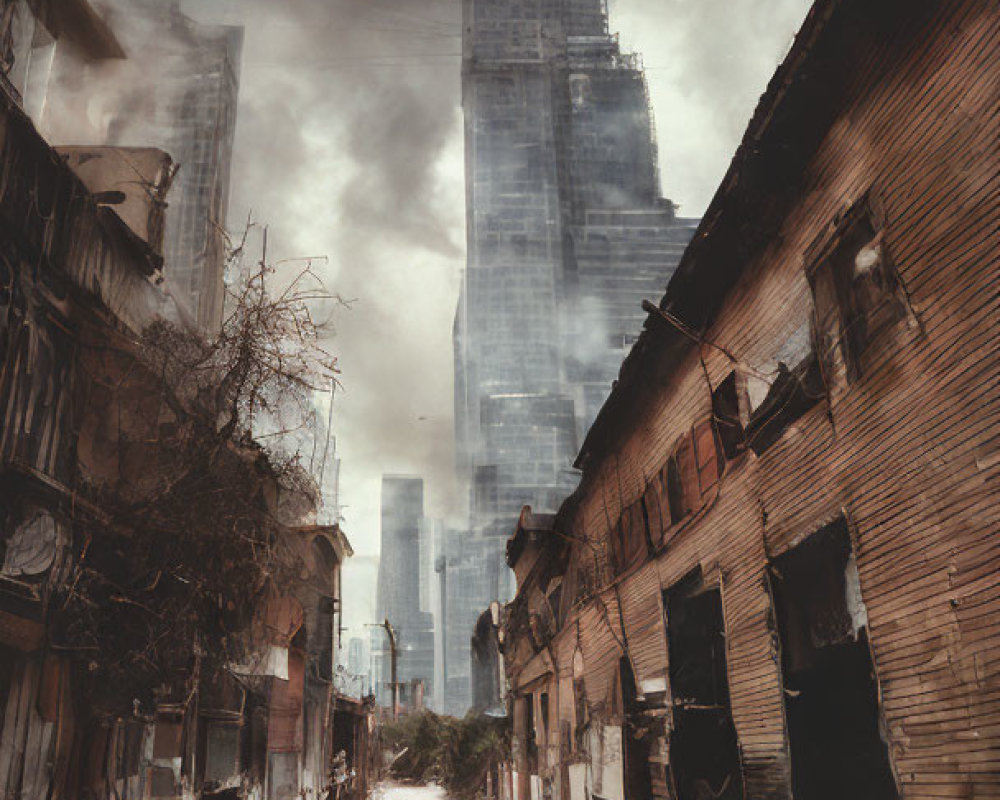 Desolate urban street with rundown buildings and futuristic skyscraper under cloudy sky