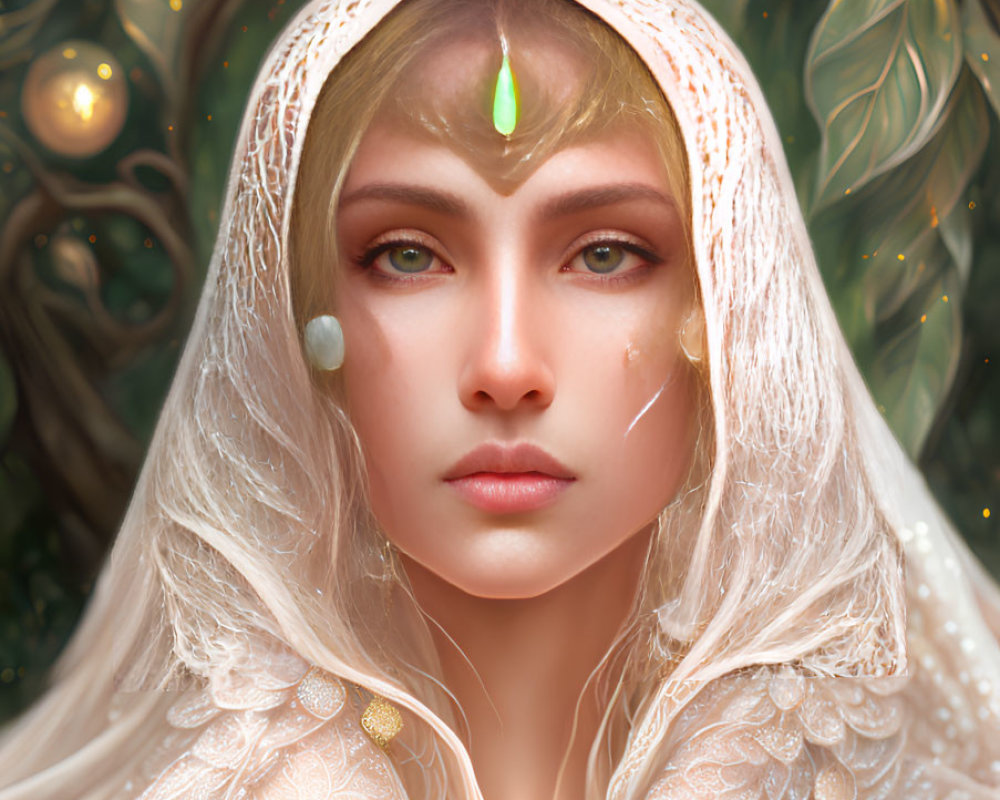 Fantasy character portrait with white hood and golden eyes in lush foliage