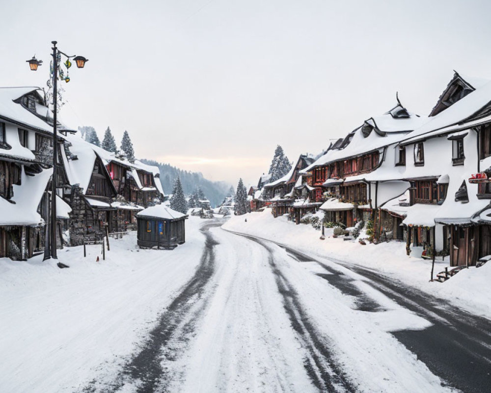 Winter scene: Snowy village street with traditional houses and decorative lamps