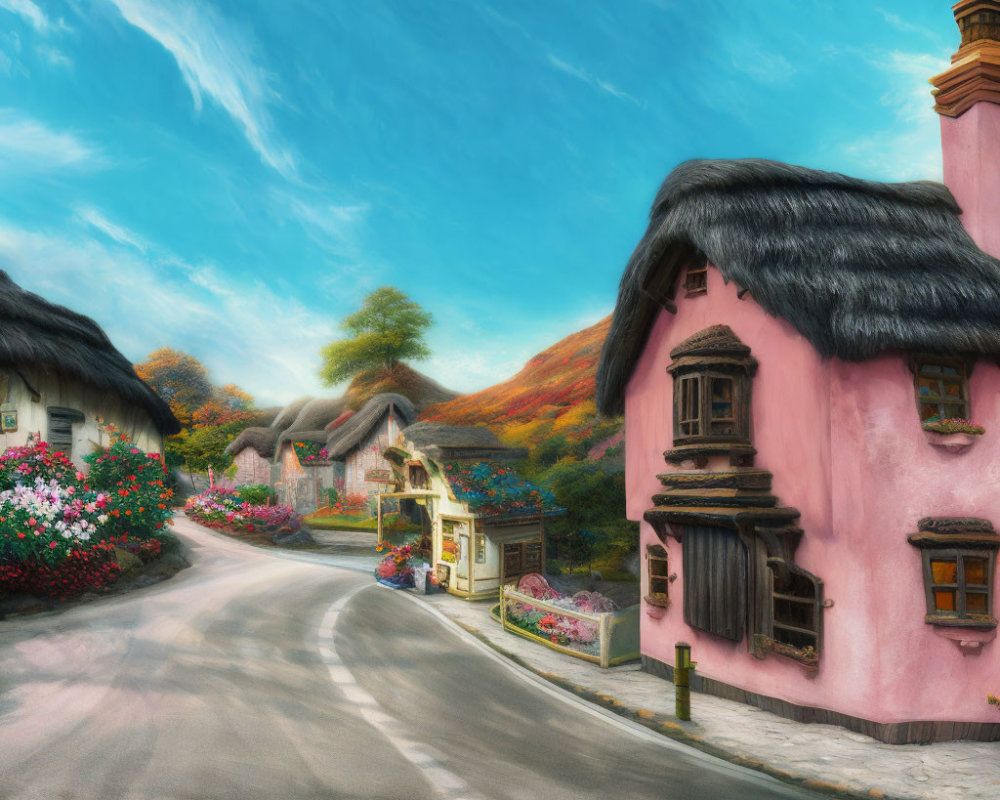 Quaint Thatched-Roof Houses on Colorful Street