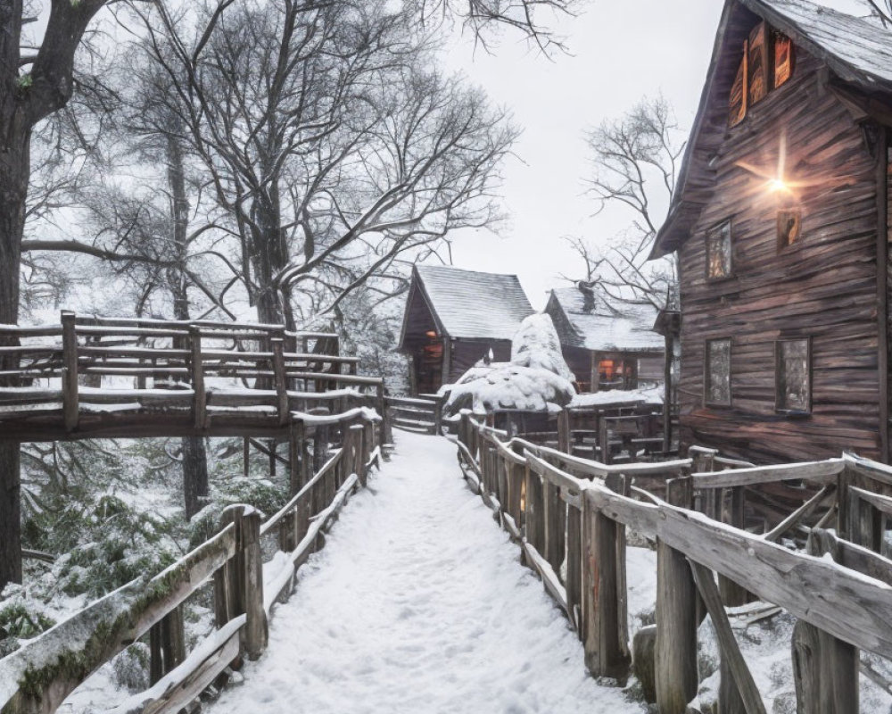 Snow-covered path to glowing window in wintry landscape