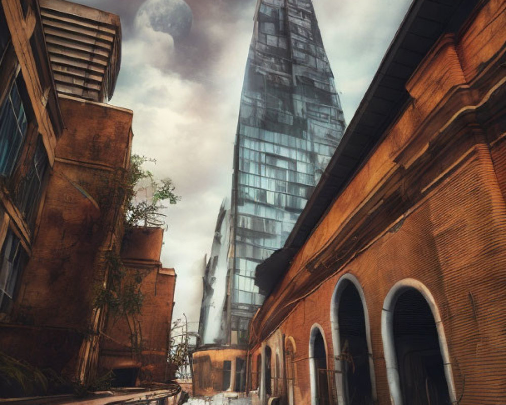 Desolate urban alley with old brick buildings and modern skyscraper under dramatic sky