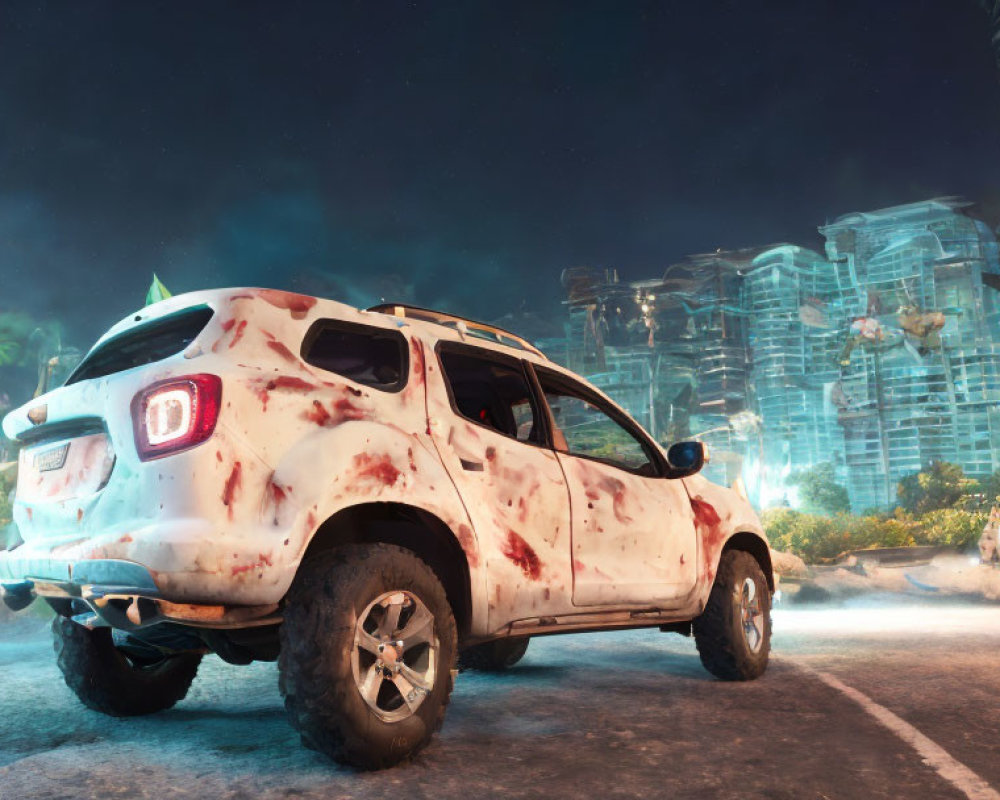 White SUV in Mud with Neon Structures and Tropical Plants at Night