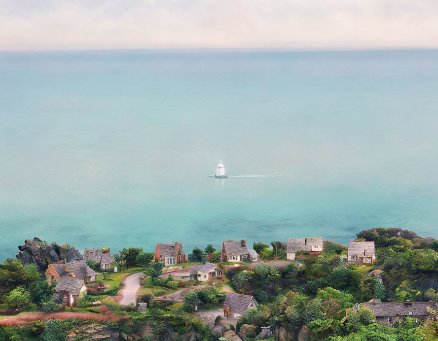 Stone houses and lighthouse in coastal village with winding paths and greenery under hazy sky