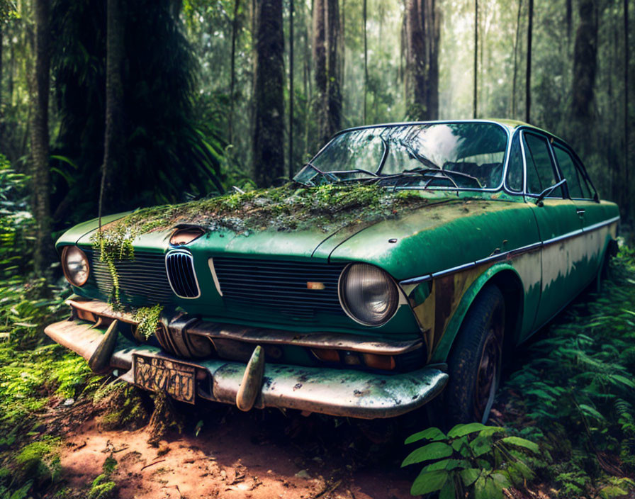 Abandoned green BMW car covered in moss in dense forest