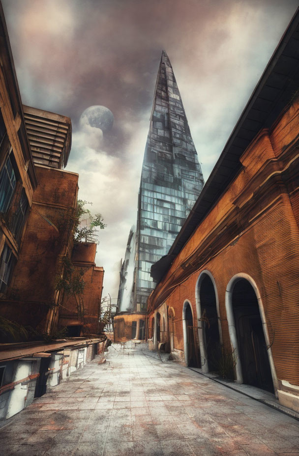 Desolate urban alley with old brick buildings and modern skyscraper under dramatic sky