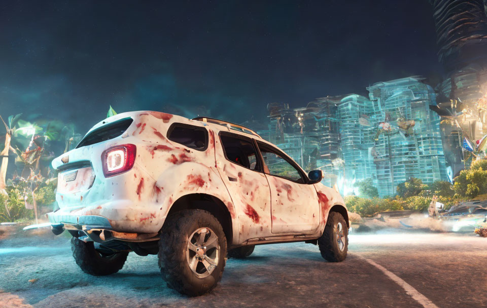 White SUV in Mud with Neon Structures and Tropical Plants at Night