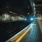 Subway station with approaching train in dim light