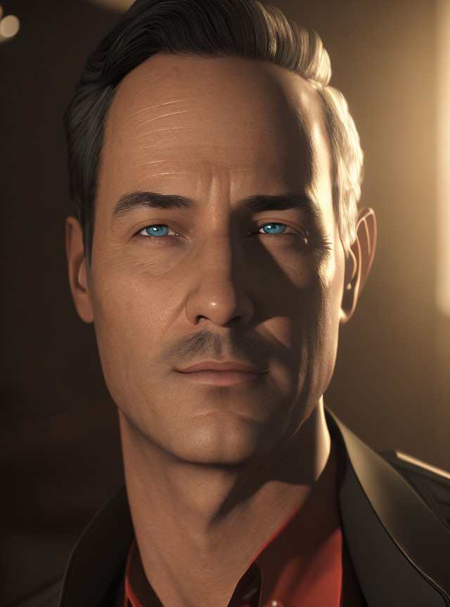 3D rendered portrait of a man with blue eyes, red shirt, and dark suit