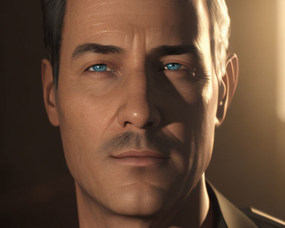 3D rendered portrait of a man with blue eyes, red shirt, and dark suit