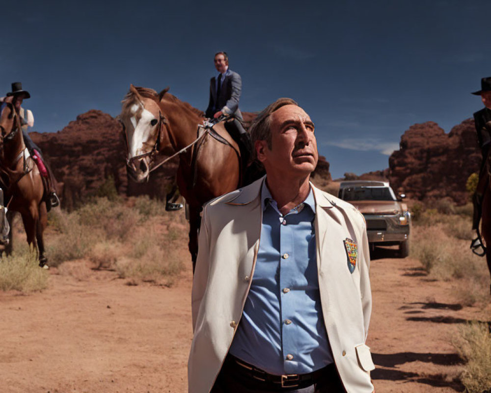 Police officer in uniform with desert scene, horseback riders, and classic car.