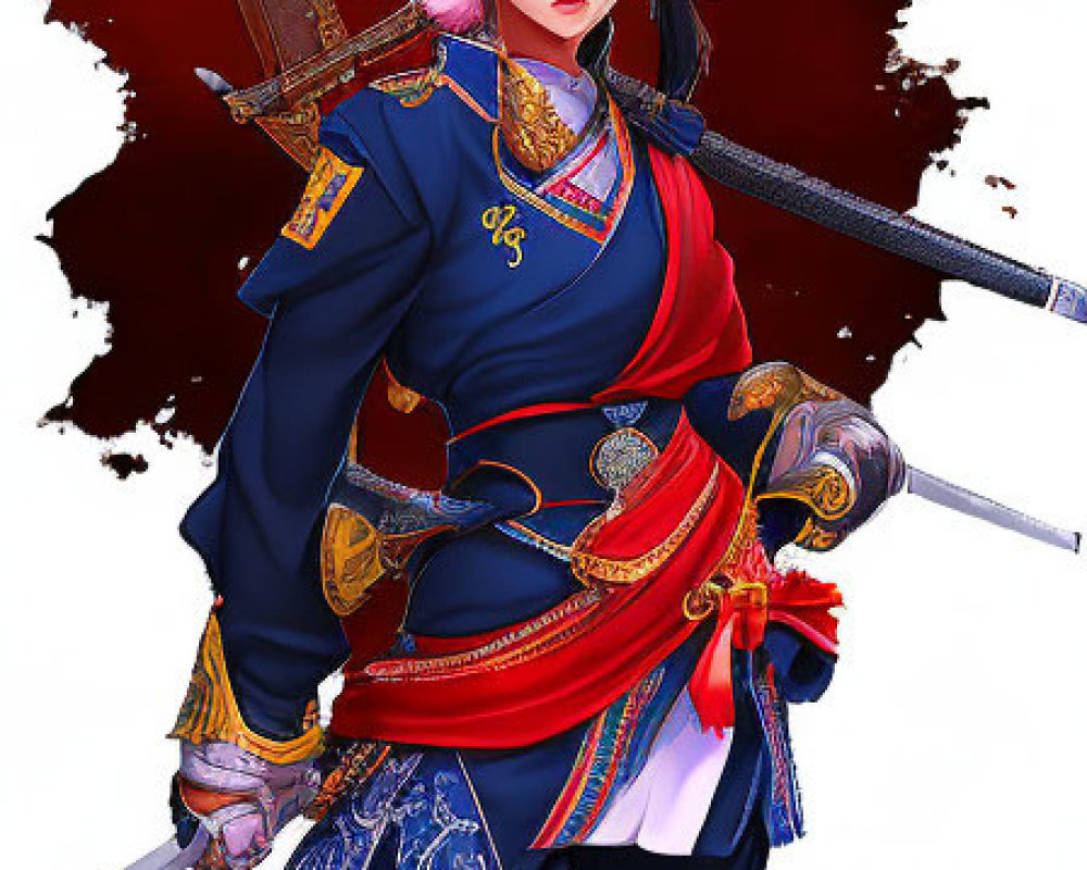 Traditional Asian Female Warrior Illustration with Dual Swords and Decorated Helmet