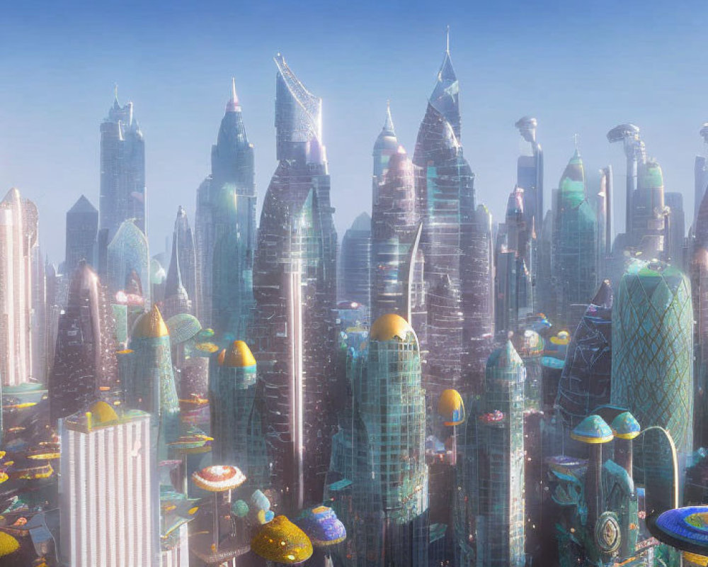 Futuristic cityscape with towering skyscrapers and glowing structures