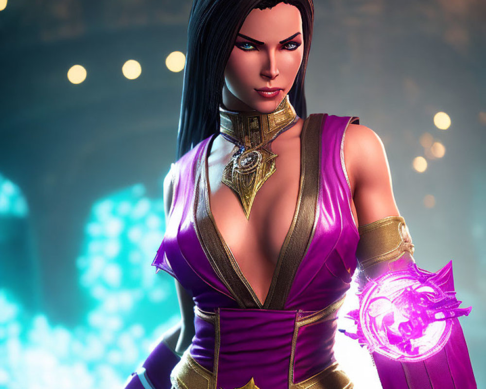 Stylized intense portrait of female video game character in purple outfit