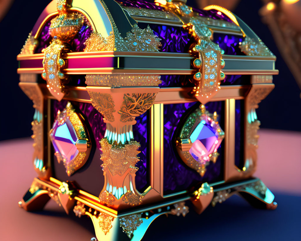 Jewel-encrusted treasure chest with gold and purple details on blue background