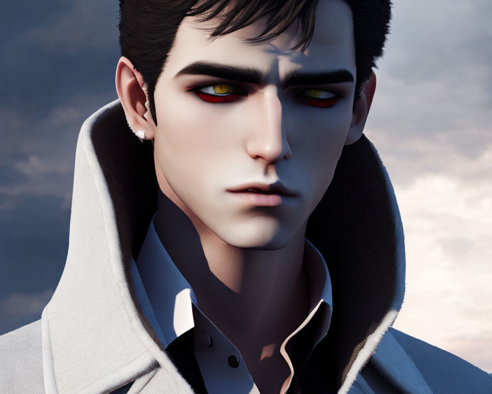 Brooding male character with red eyes and dark hair in gray hoodie and collared shirt