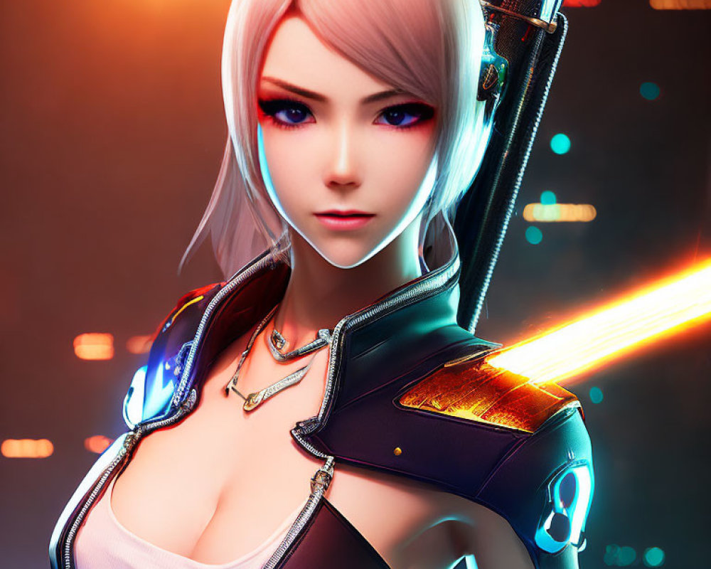 Digital Artwork: Female Character in Futuristic Armor with White Hair and Red Eyes