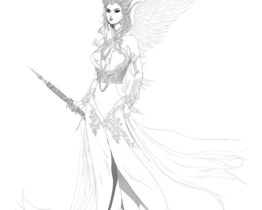 Majestic winged female figure in fantasy armor wields spear & ornate mask