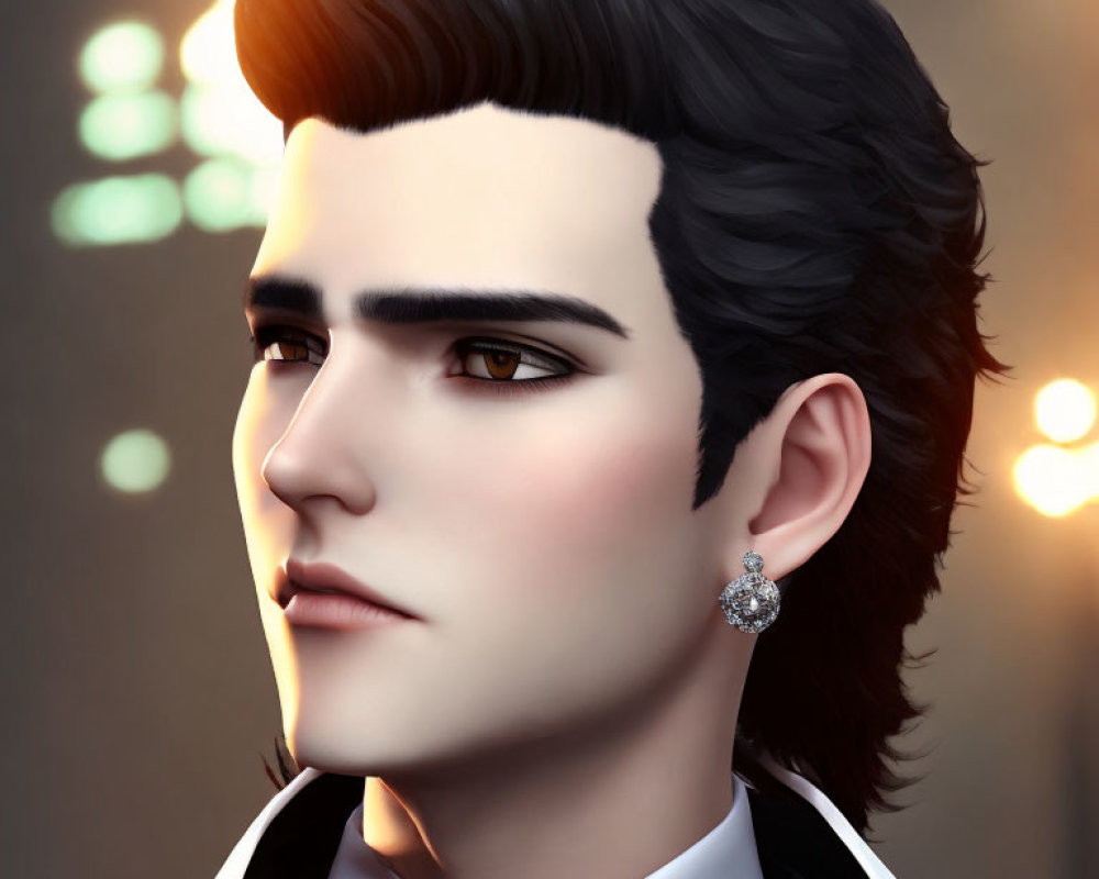 Stylized man in tuxedo with slicked-back hair and earring on blurred background