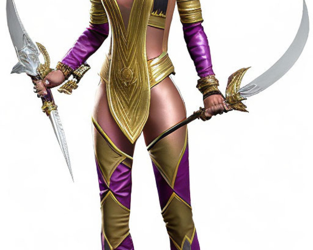 Fantasy female warrior with dual swords in purple and gold costume