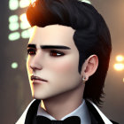 Stylized man in tuxedo with slicked-back hair and earring on blurred background