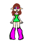 Animated girl with long brown hair in colorful outfit and purple boots carrying black bag