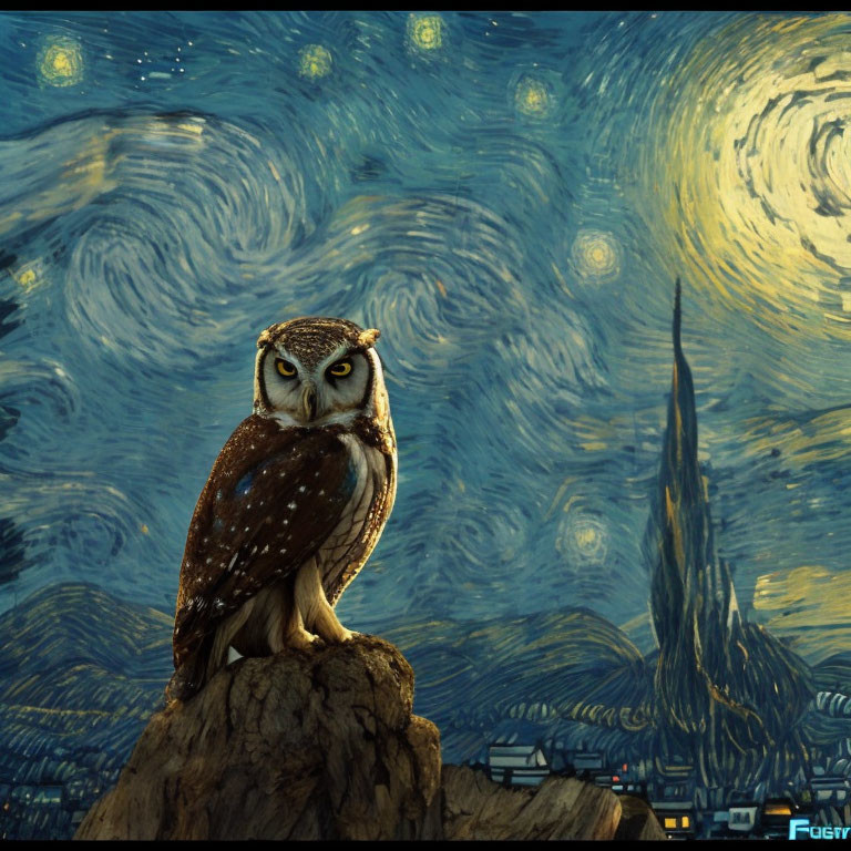 Owl perched on rock with Van Gogh-inspired night sky