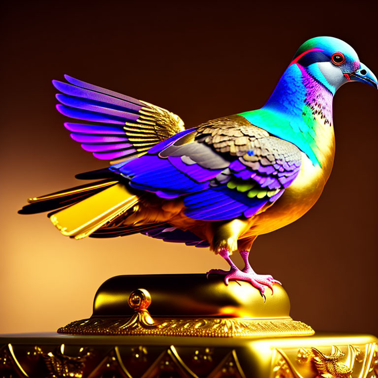 Colorful Stylized Pigeon on Golden Pedestal Against Brown Background