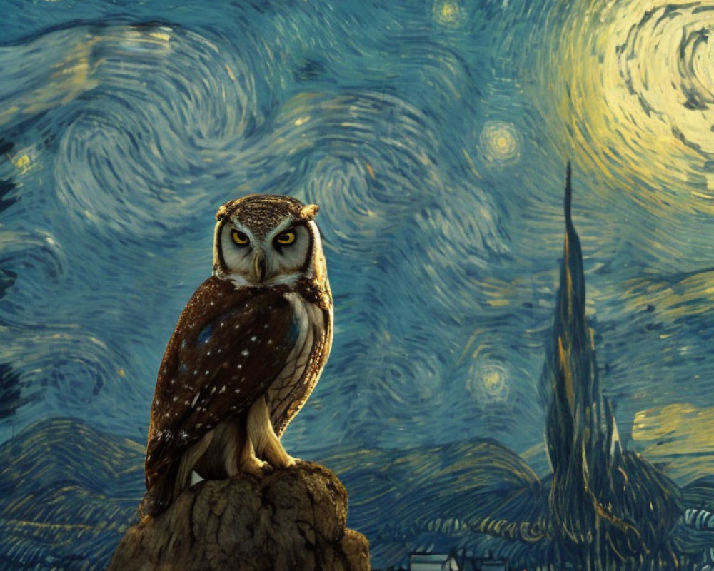 Owl perched on rock with Van Gogh-inspired night sky