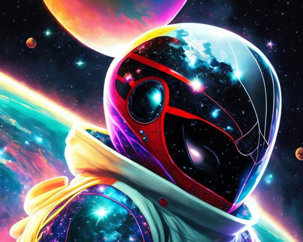 Astronaut in reflective helmet surrounded by vibrant cosmic scenery