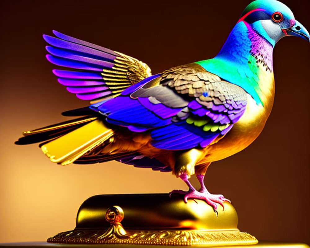 Colorful Stylized Pigeon on Golden Pedestal Against Brown Background