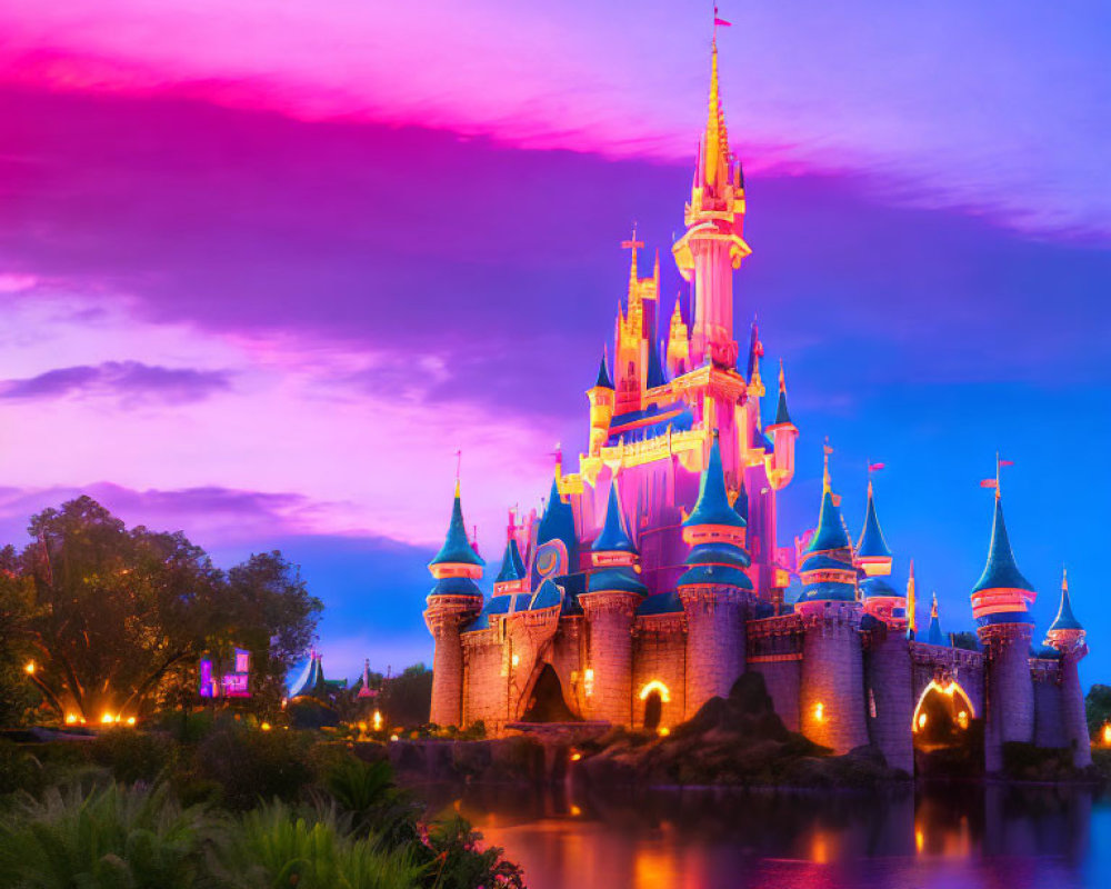 Castle with turrets and spires in vibrant sunset reflection