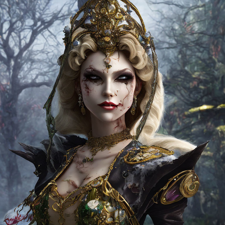 Elaborate golden headgear on regal female figure in dark outfit