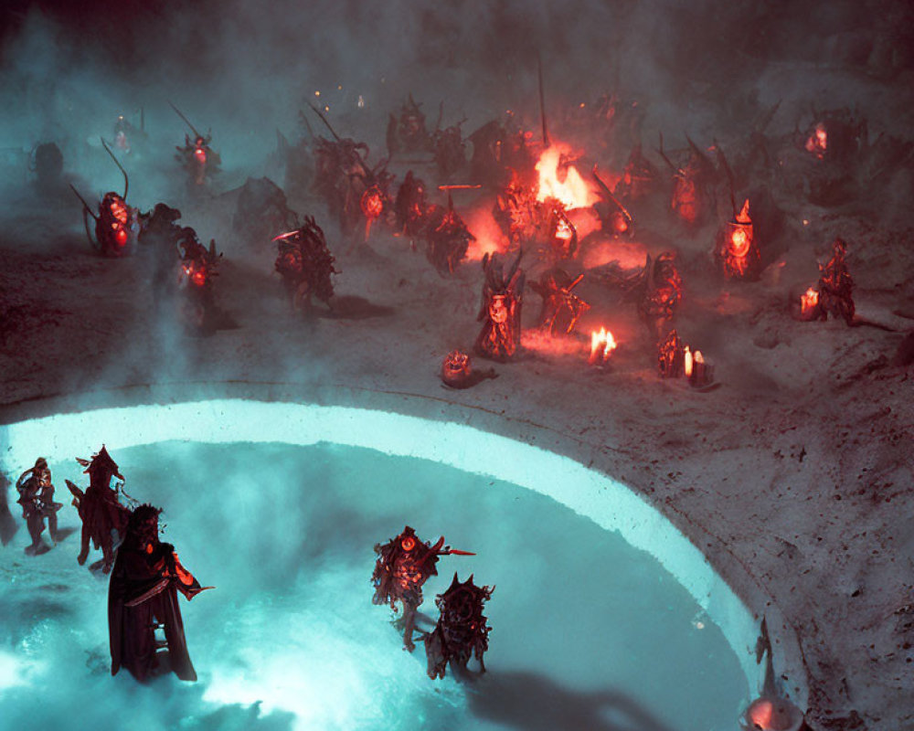 Fantastical diorama: Armored figures by glowing blue pond in fiery battle scene