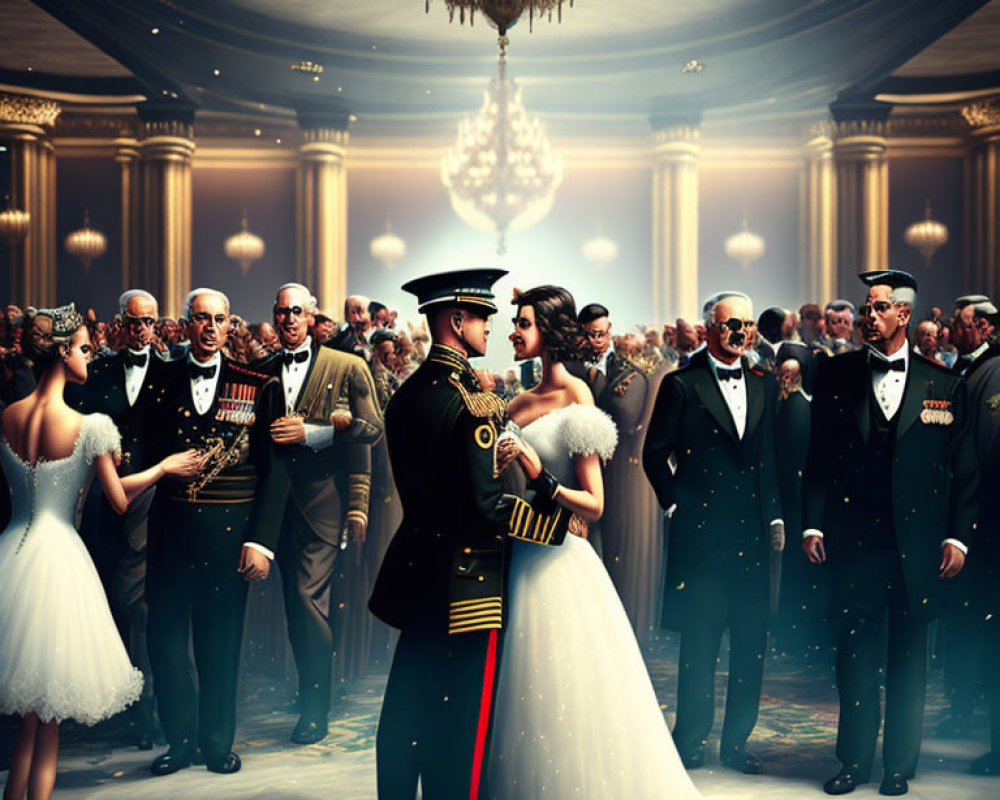 Military officer and woman in white gown dance in elegant ballroom scene