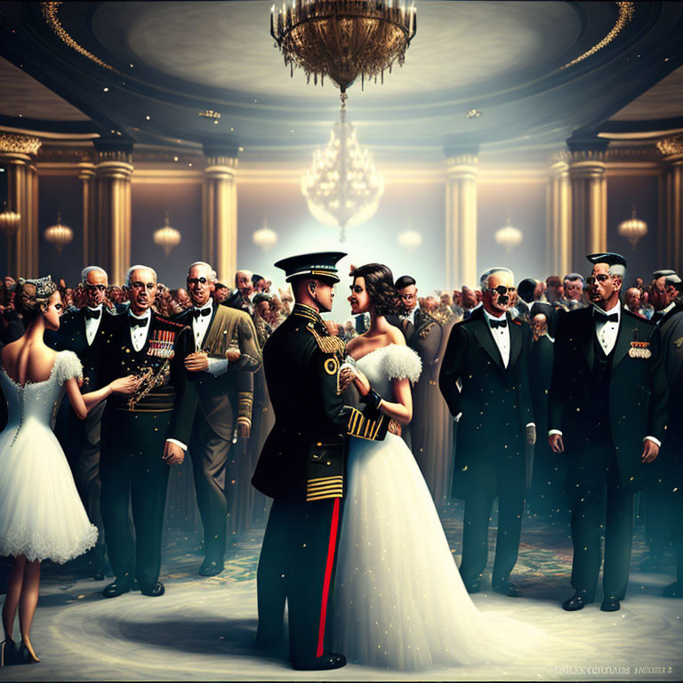 Military officer and woman in white gown dance in elegant ballroom scene