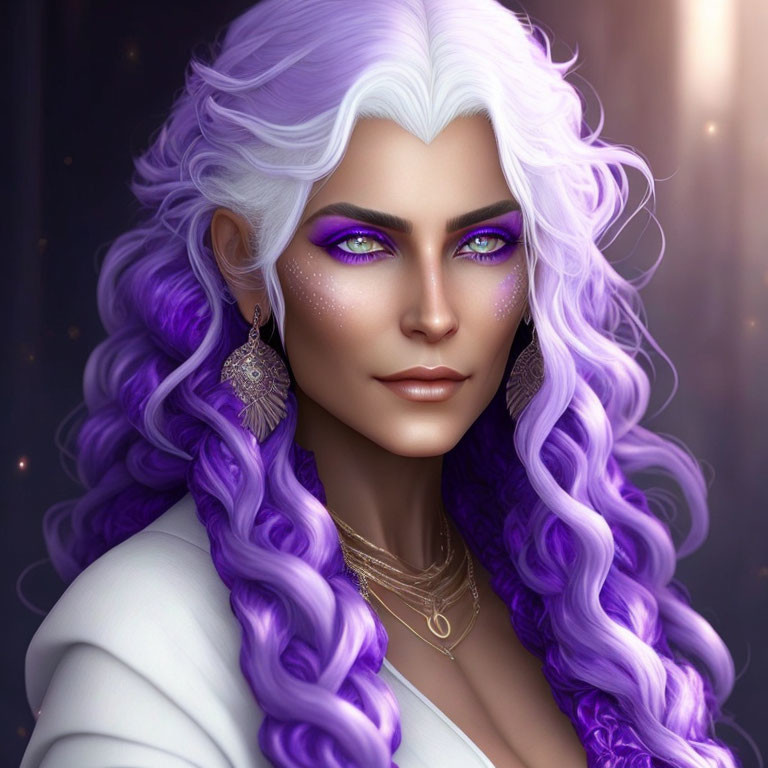 Fantasy character portrait with violet eyes and white-purple hair