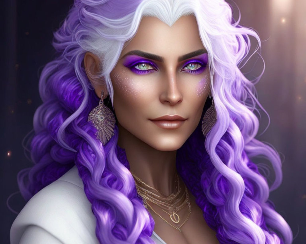 Fantasy character portrait with violet eyes and white-purple hair