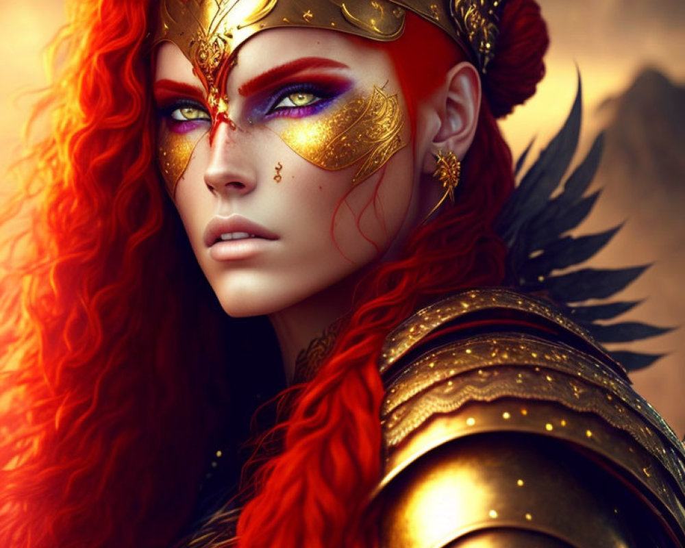 Vibrant red-haired woman in golden armor with detailed crown and purple eyes