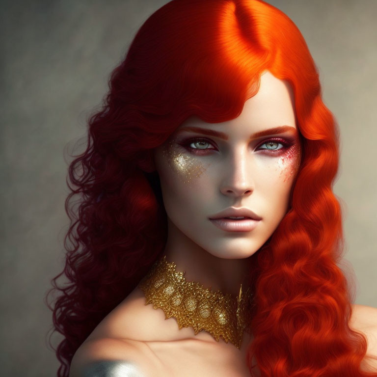 Vivid Red Hair Woman with Golden Eye Makeup and Choker