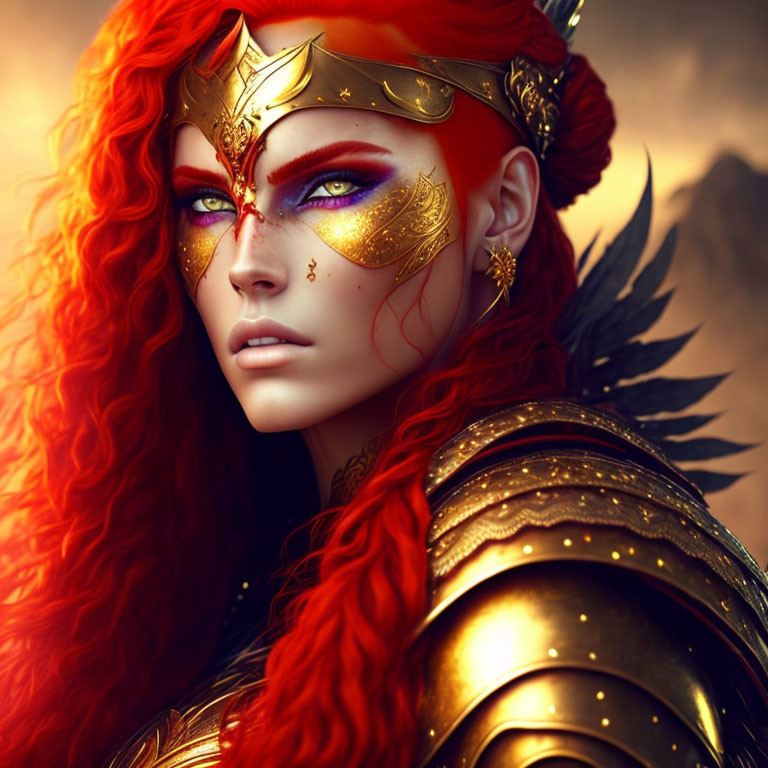 Vibrant red-haired woman in golden armor with detailed crown and purple eyes