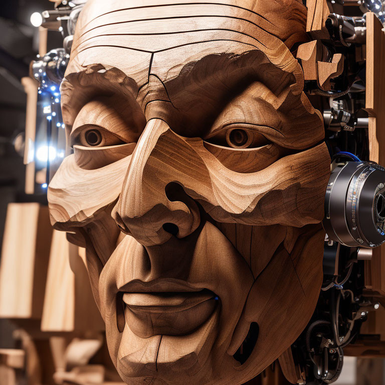 Detailed wooden sculpture of expressive human face with mechanical elements