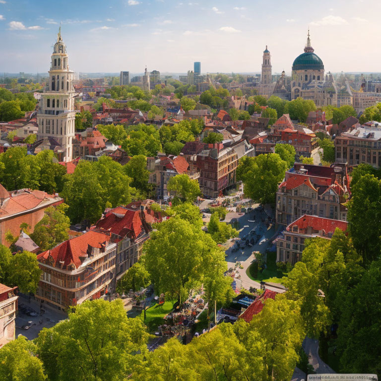 Vibrant cityscape with classical European architecture and busy street scene