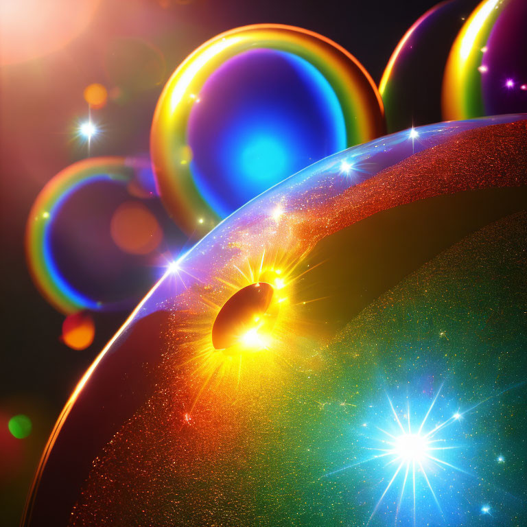 Vibrant Soap Bubbles Reflecting Spectrum Colors on Dark Background