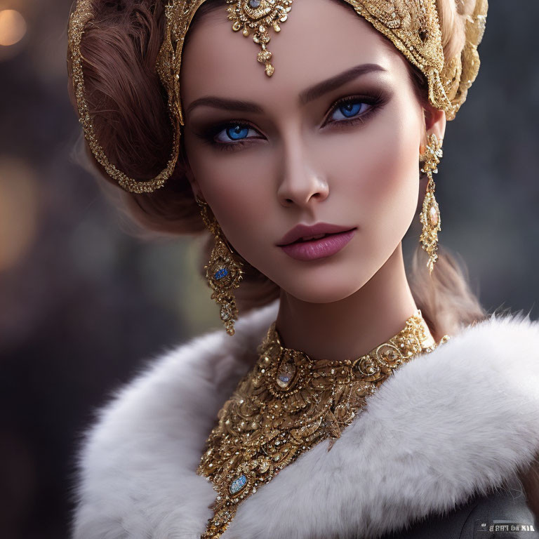 Elegant woman adorned in golden jewelry and fur clothing