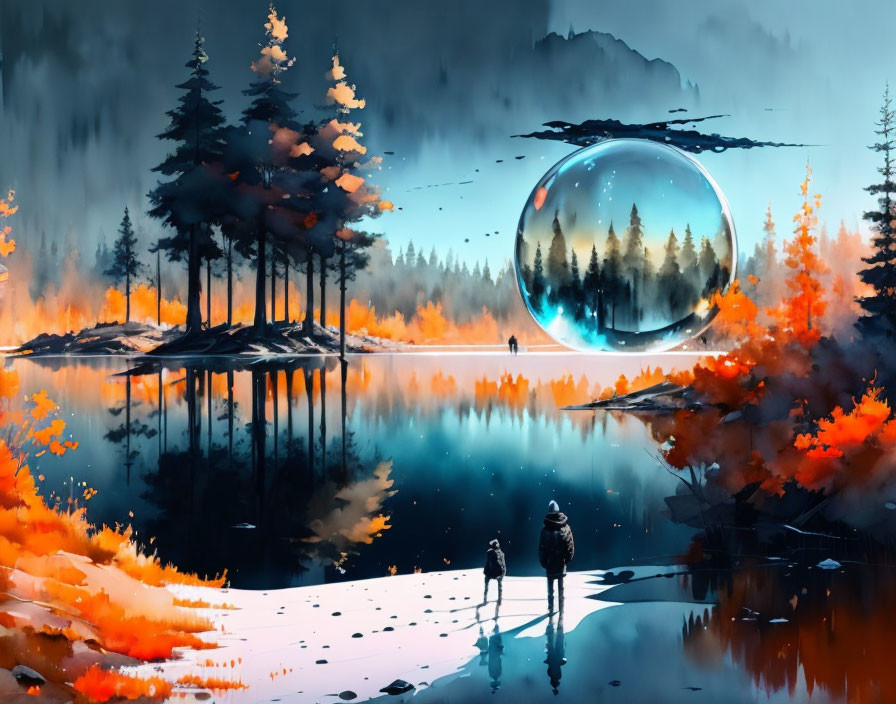 Two individuals by lake with surreal sphere reflecting a forest and autumn trees.