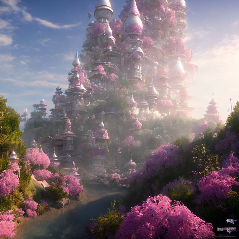 Fantastical Pink and Purple Tower in Misty Landscape