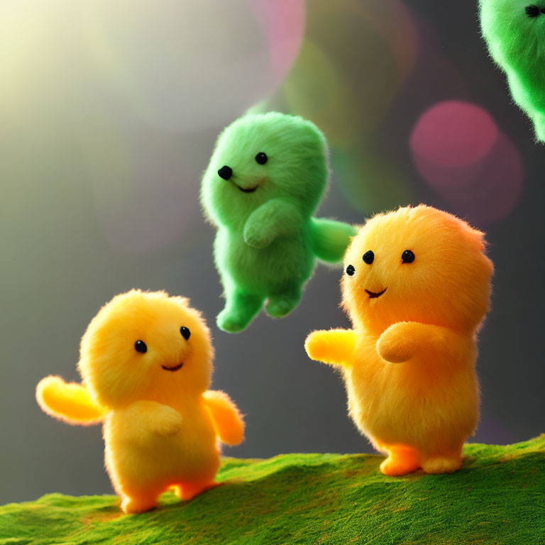 Colorful Anthropomorphic Fluffballs on Vibrant Fantasy Landscape